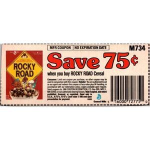 Save 75¢ When You Buy Rocky Road Cereal PO Box 900 Mpls MN 1980s Coupon SAI1-M6